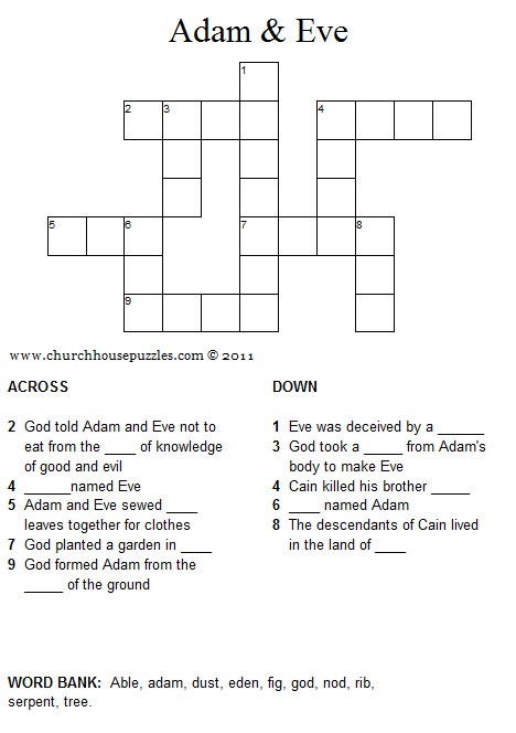 Adam And Eve Crossword Puzzle Adam And Eve Crossword Puzzle